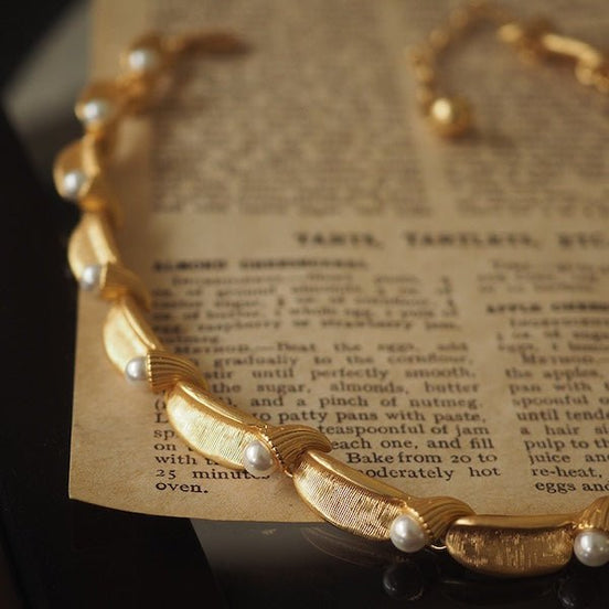 Vintage Beaded Ribbon Necklace - Gold &amp; Leaf Motif