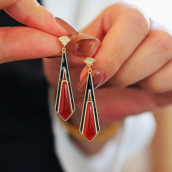 Geometric drop earrings with red agate