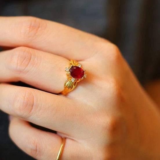 Solitaire ring made of genuine ruby, adjustable