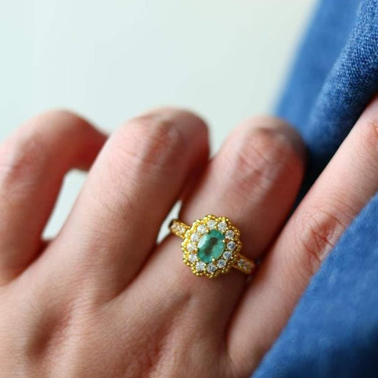Emerald gemstone flower ring, emerald green