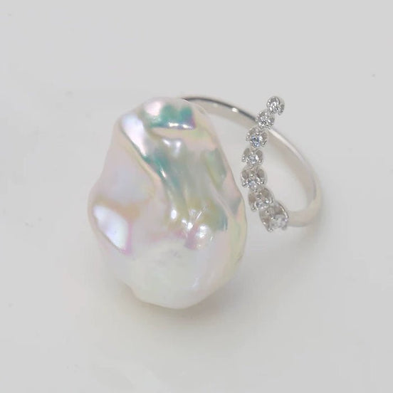 Baroque pearl ring with zirconia stones
