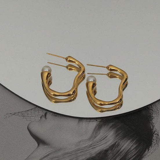 Modern vintage wavy line pearl hoop earrings