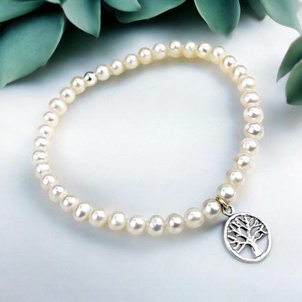 Elegantes 925 Silber Armband mit Lebensbaum und echten Süßwasserperlen