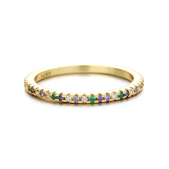 vergoldeter Silberring ringsum mit kleinen, feinstgeschliffenen, farbigen Zirkoniasteinen