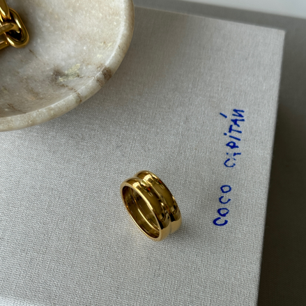 Edelstahl Ring, vergoldet, im Bold-Look, zweieinander gegossene Ringe.