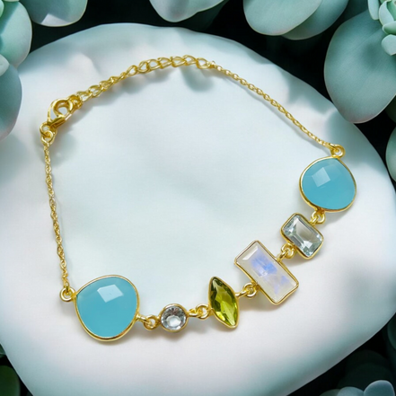 Luxuriöses 925 Sterling Silber Armband, vergoldet und besetzt mit Chalcedon, Aquamarin, Mondstein und Peridot