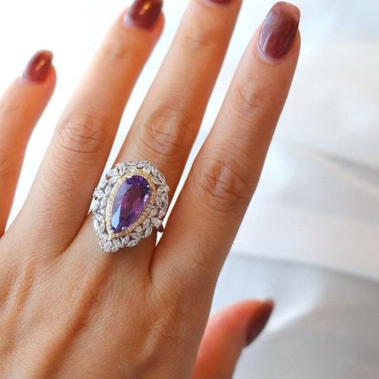 Pear cut amethyst ring in royal style - adjustable