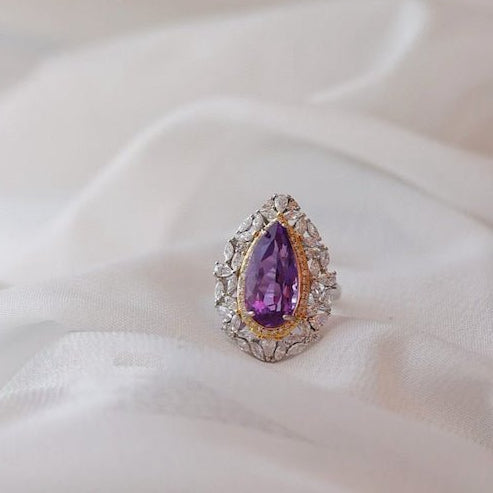 Pear cut amethyst ring in royal style - adjustable
