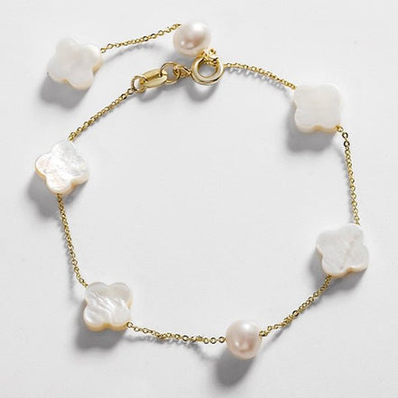 Parure de bijoux Cloverleaf – collier et bracelet avec nacre et perles d'eau douce
